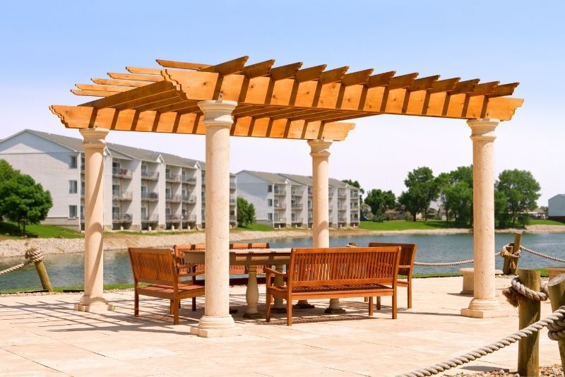 An outdoor pergola by the pool